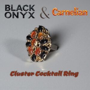 Vintage Black Onyx & Carnelian Filigree Cluster Cocktail Ring – Size 5.5